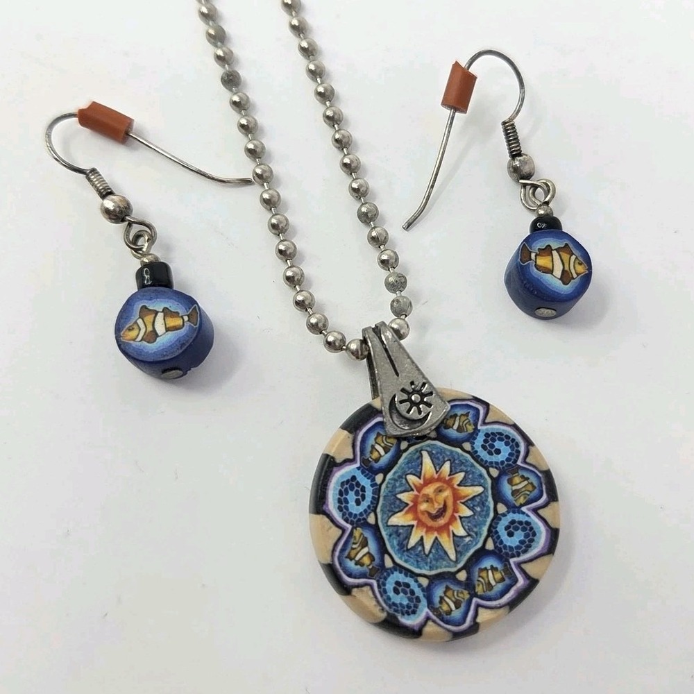 Earrings Pendant Set Sun & Clownfish '90s Ball Chain‎ 18" Polymer Clay